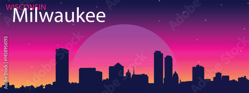 Stylized silhouette of the city of Milwaukee, Wisconsin, against the evening sky with a gradient from pink to purple with a large sun or moon in the center