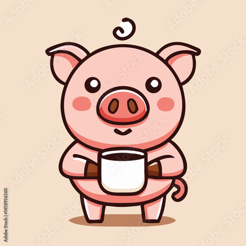 Cartoon pig stands smiling holding white coffee cup with coffee isolated on cream background