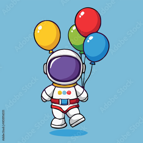 Happy spaceman strolls with colorful balloons, filling the light blue sky with cheerfulness and joy