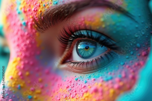 Close-up blue eye with long eyelashes, colorful powder paint on skin, creative artistic face makeup for beauty, fashion, festival, vibrant texture, bright vivid colors, abstract colorful background