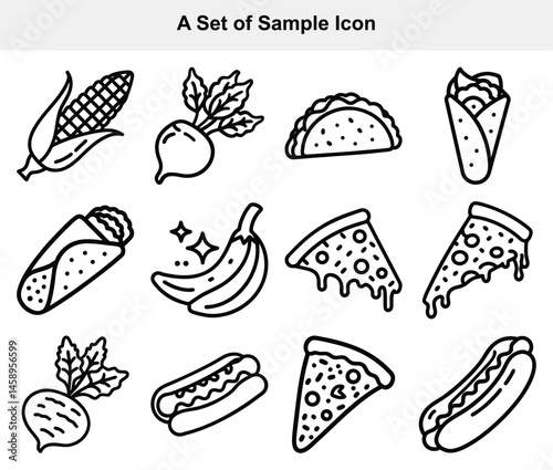 Black outline drawing showcases a variety of tasty food