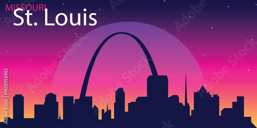 Stylized silhouette of the city of St. Louis, Missouri, against the evening sky with a gradient from pink to purple with a large sun or moon in the center