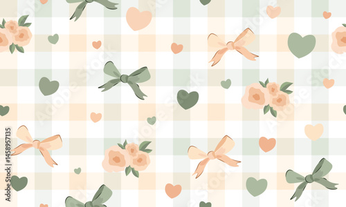 bow seamless patterns, ribbon, gift wrapping paper seamless pattern, Vector graphics. happy birthday, anniversary, party, celebration, fabric, textile, olive and beige, peach, rose, heart, check