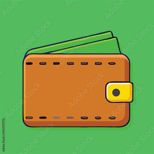 Orange wallet containing green currency rests against a solid green backdrop, showcasing simple financial cartoon asset