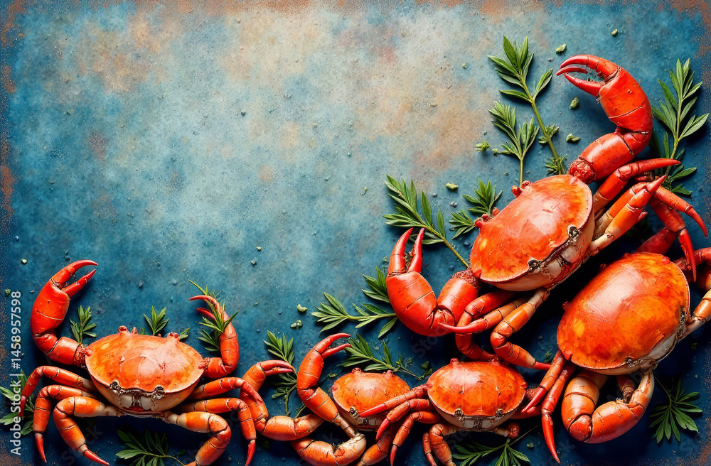A colorful canvas backdrop showcasing an artistic seafood display with crabs. copy space, blue background