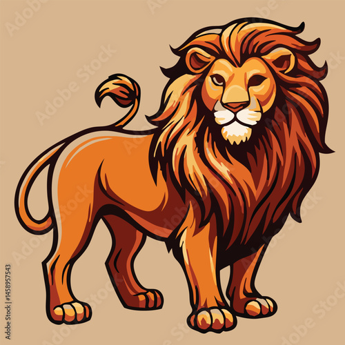 Majestic lion stands with powerful gaze and flowing mane against a light brown backdrop