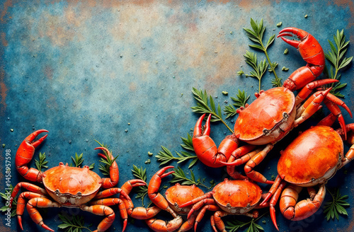 Obraz na płótnie A colorful canvas backdrop showcasing an artistic seafood display with crabs. copy space, blue background w salonie