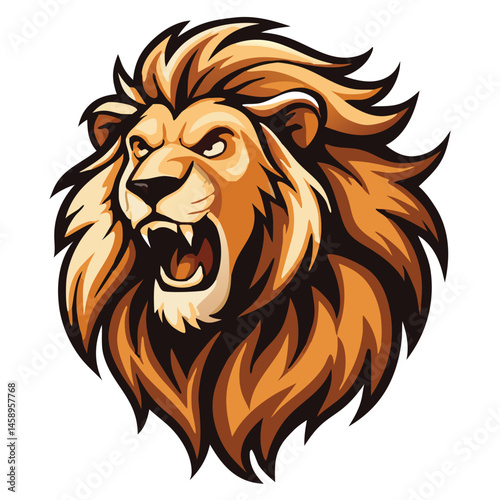Head of aggressive lion roars ferociously showing large teeth within an animalistic emblem
