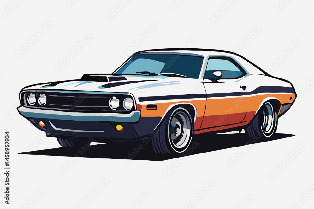 Fototapeta premium Classic white and orange muscle car showcased with a retro vibe against solid backdrop