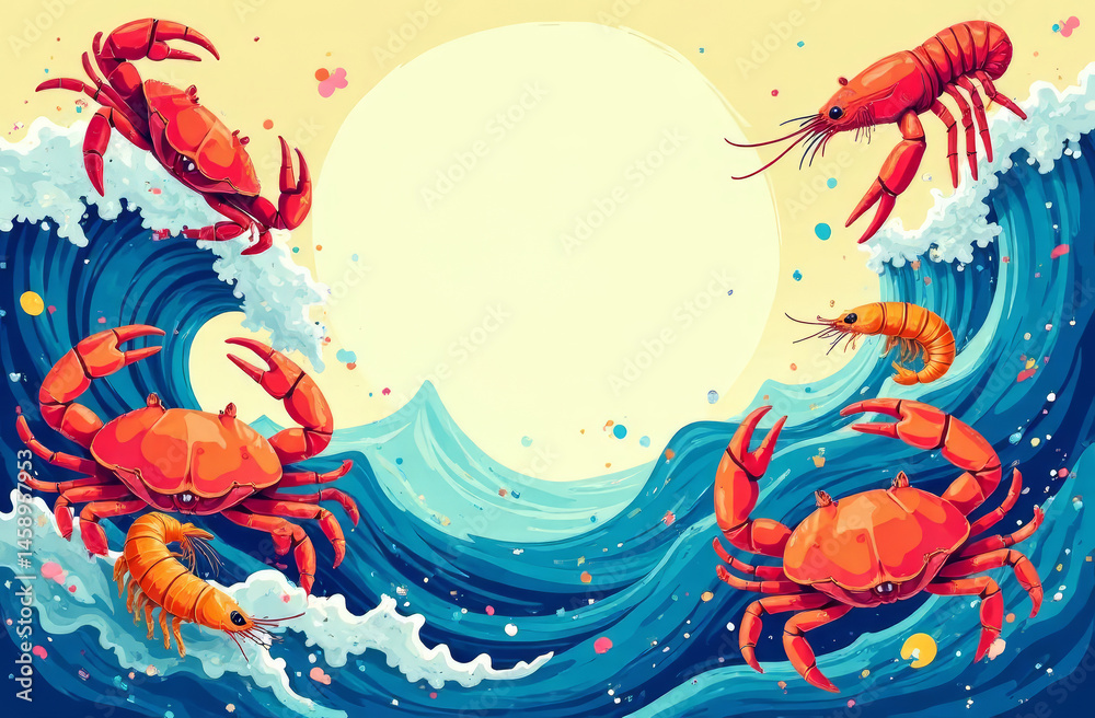 colorful backdrop featuring with crabs and shrimp amidst abstract waves, copy space