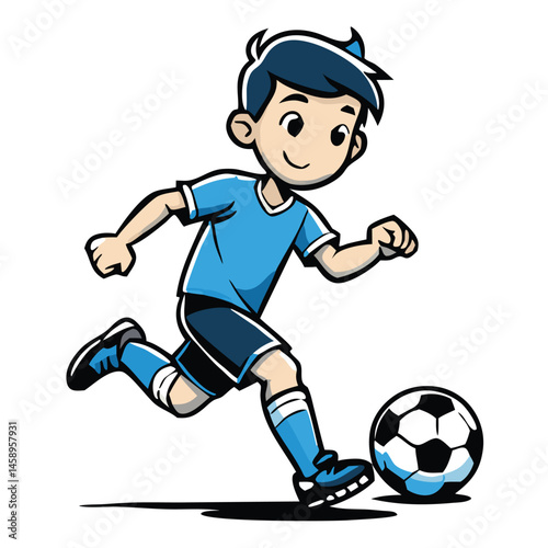 Smiling boy in blue jersey kicks a soccer ball with energy and enthusiasm in game