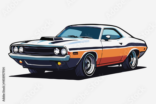 Classic white and orange muscle car showcased with a retro vibe against solid backdrop