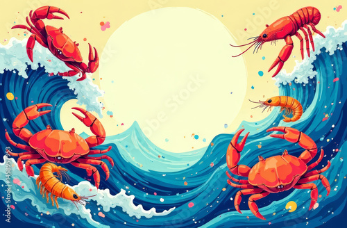 Obraz na płótnie colorful backdrop featuring with crabs and shrimp amidst abstract waves, copy space w salonie
