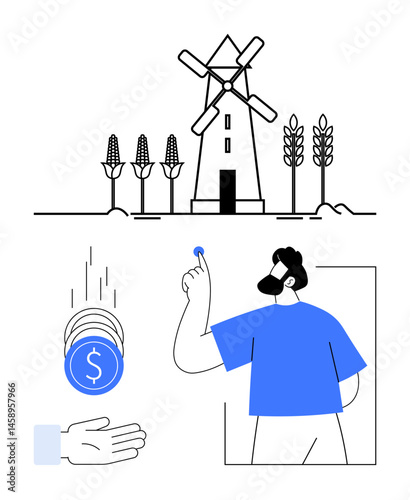 Man flips coin near windmill and crop fields with falling coins into a hand. Ideal for agriculture, investment, sustainability, economy, decision-making, rural development, simple landing page