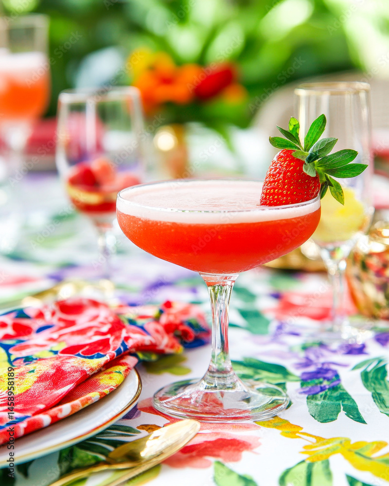 Stylish table setting with Strawberry Daiquiri and colorful floral accents for a summer gathering