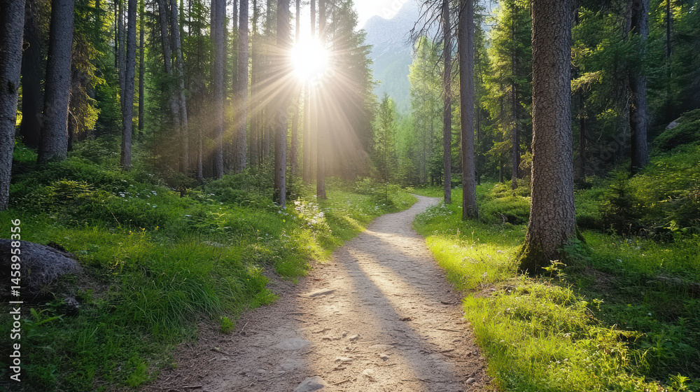 Obraz premium Sunlight filtering through trees along forest trail creates serene atmosphere