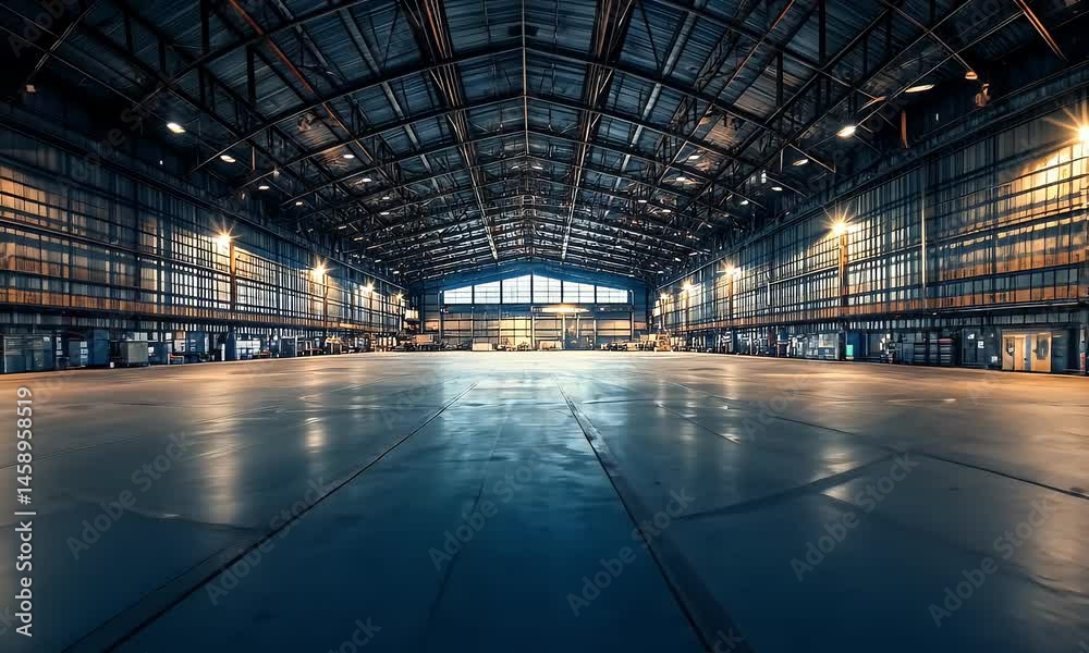 The large, empty warehouse is illuminated by bright lights, creating an atmosphere of commercial and industrial photography.