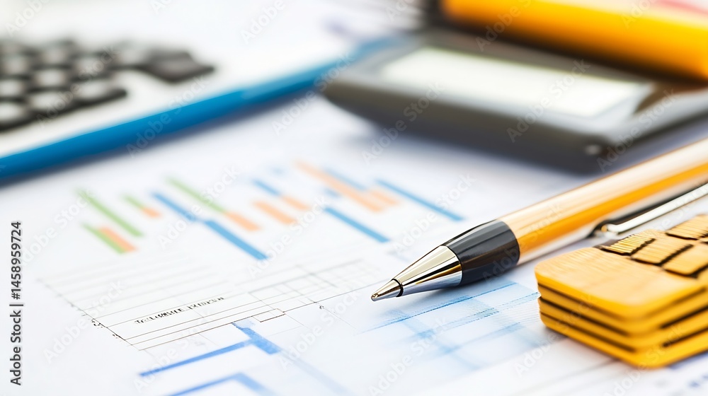 Fototapeta premium Close-up of a pen resting on financial documents, showcasing graphs, charts, and a calculator; suggesting business, finance, or accounting concepts. : Generative AI