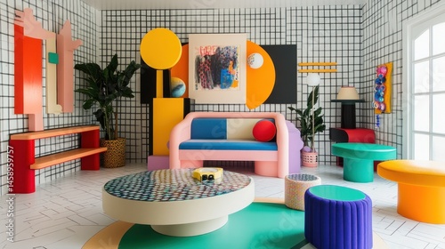 A Memphis-style interior design with colorful furniture, abstract patterns, and retro 80s vibes --ar 16:9 --v 6.1 Job ID: 5da3728a-20e3-499a-a21f-2ea0e2f857cd