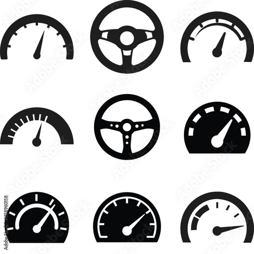 Black speedometer and steering wheel icons show automotive controls
