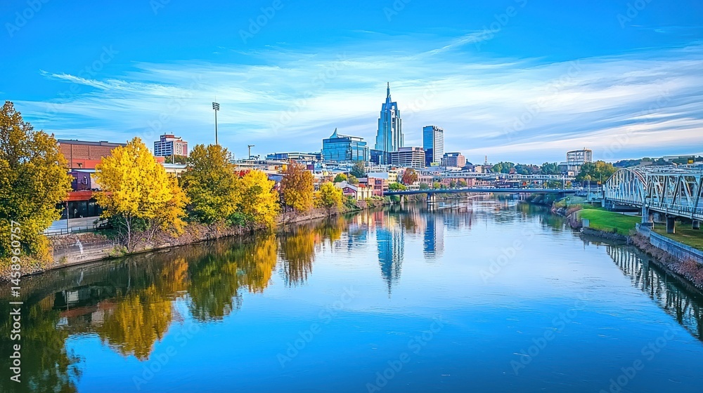 Obraz premium Nashville Skyline: Autumn Reflection on Cumberland River