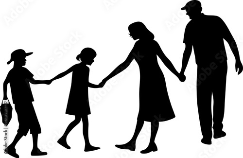 Black Silhouette Vector Illustration of a Family Holding Hands – Emblematic of Unity, Love, and Togetherness in a Minimalist Modern Design Celebrating Enduring Family Bond and Connection