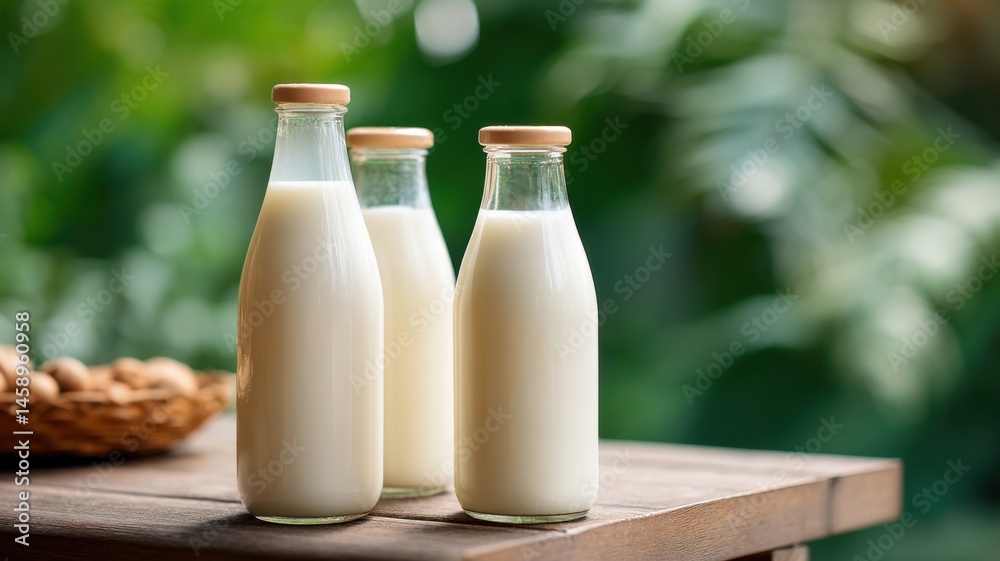 Slow living rural. Three glass bottles filled with milk sit on a wooden table with a green, natural background. Slow living rural. Three glass bottles filled with milk sit on a wooden table with a green, natural background.