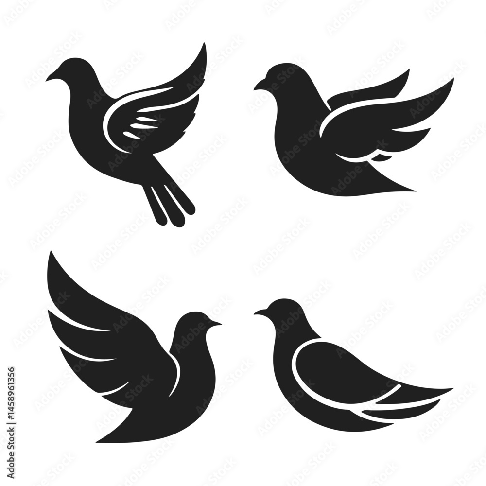 Fototapeta premium Dove Logo Collection. World Bird Silhouette Icons, dove logo, peace bird, flying dove, bird silhouette, charity symbol