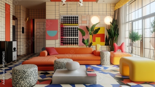 A Memphis-style interior design with colorful furniture, abstract patterns, and retro 80s vibes --ar 16:9 --v 6.1 Job ID: 5da3728a-20e3-499a-a21f-2ea0e2f857cd