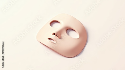 Minimalist mask. Pale beige theatrical face mask with hollow eyes and nose lying on soft white background suitable for drama, acting, Halloween, mystery, or artistic concepts with minimalistic light