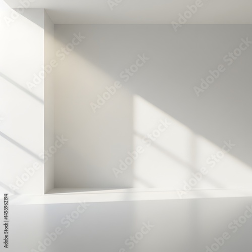 Minimalist White Room with Sunlight and Shadows - Interior Design, Empty Space, Abstract Background.