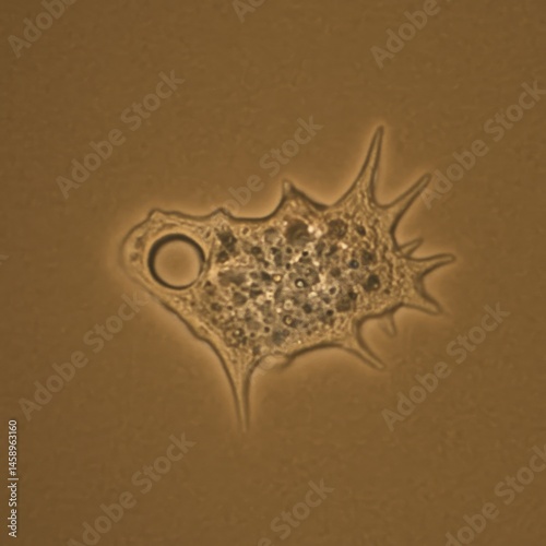 Acanthamoeba castellanii protozoan, highly detailed microscopic image, single-celled organism with spiky pseudopodia, semi-transparent granular body with visible internal structures photo