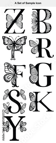 Butterfly wings accent large alphabet letters in black ink