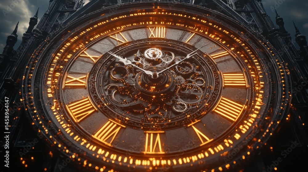 Obraz premium Ornate clock face, glowing roman numerals
