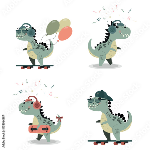 Cartoon set cute monsters dinosaur freestyle skate vector.