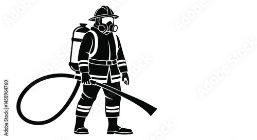 Silhouette of Firefighter with Hose and Gear – Vector Illustration on White Background