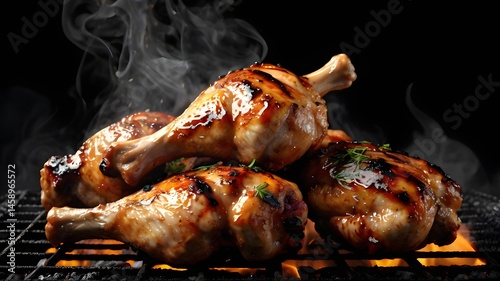 Close-up 3D render of grilled chicken drumsticks with smoky glaze, sizzling on a barbecue grill, steam and smoke rising, glowing charcoal underneath, dark black background,Generative Ai

