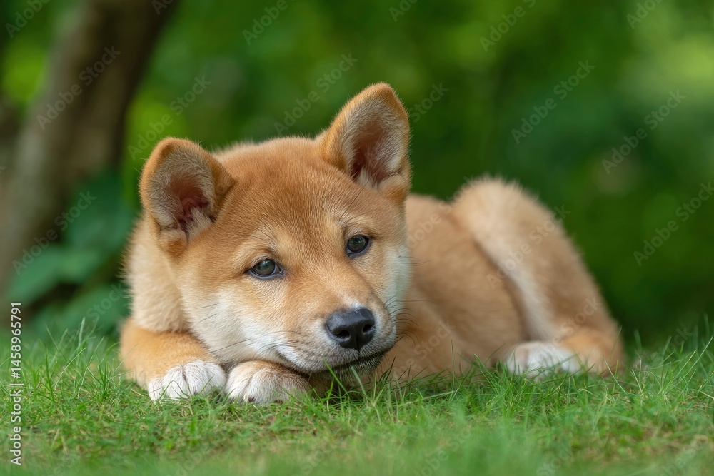 Shiba Inu Puppy Lying on Green Grass Shiba Inu Puppy Lying on Green Grass