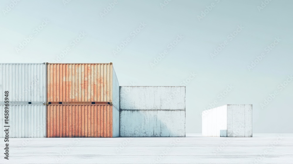 Stacked shipping containers in a row on a white surface. Stacked shipping containers in a row on a white surface.