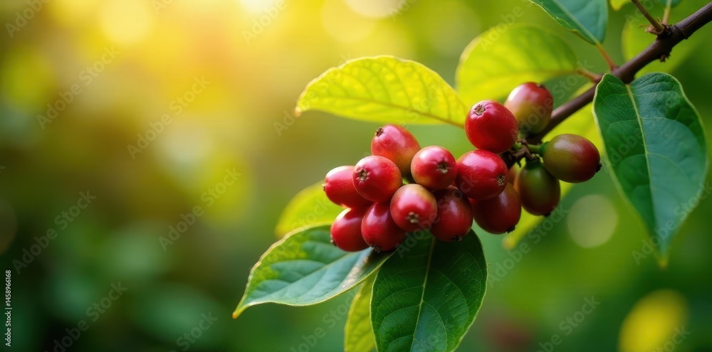 Coffee branch laden with ripe beans, sunlit leaves , brown, sunlit Coffee branch laden with ripe beans, sunlit leaves , brown, sunlit