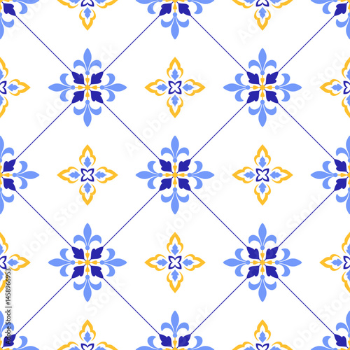 Mediterranean abstract seamless pattern of blue yellow tiles. Ethnic mosaic design of Portuguese, Italian, Spanish motifs. Ornament for home textile or ceramic. Vector illustration