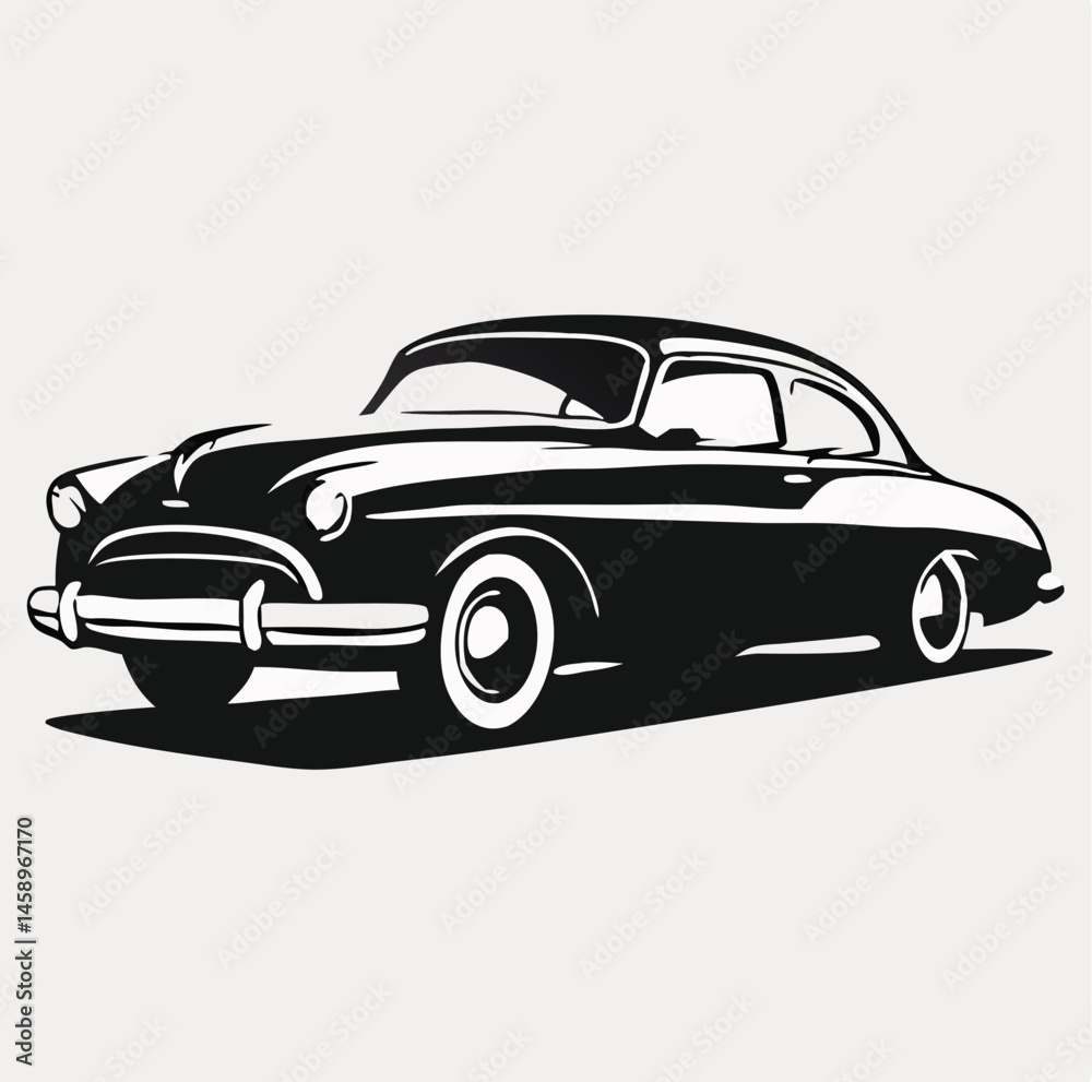 Iconic black classic car with white tires resting in simple retro style Iconic black classic car with white tires resting in simple retro style
