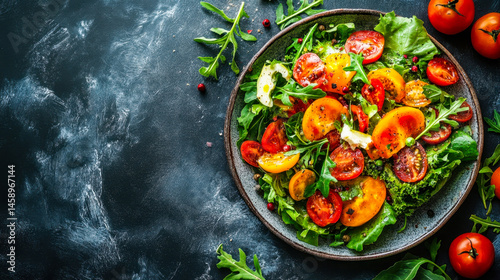 Rustic garden salad showcases heirloom vegetables on a textured ceramic plate