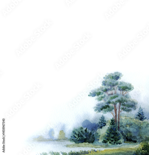 Watercolor landscape. Tree by the lake