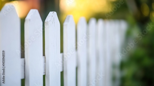 Close-up view of a weathered white picket fence, bathed in soft sunlight, with a blurred green garden background.  The wood grain texture is subtly visible. : Generative AI