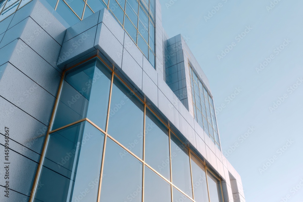 Obraz premium Modern Building Facade with Glass Windows and Blue Sky