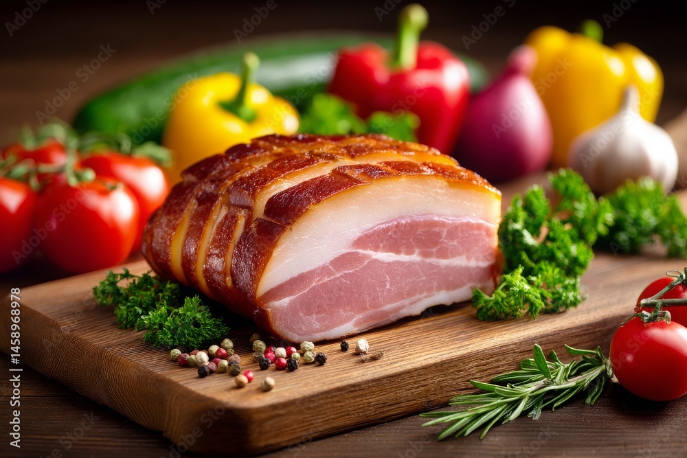 Freshly Sliced Meat with Colorful Vegetables on Wooden Cutting Board Freshly Sliced Meat with Colorful Vegetables on Wooden Cutting Board