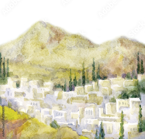 Watercolor landscape. Old city in a valley between the mountains