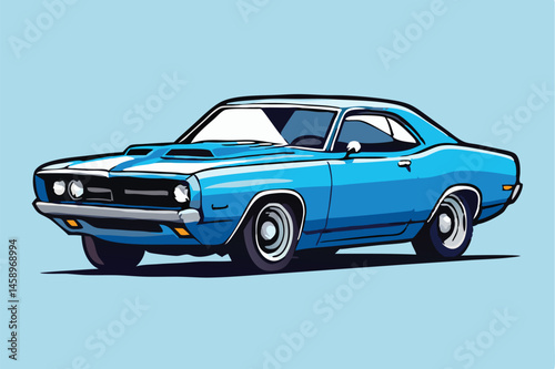 A vibrant blue muscle car presents its vintage charm against a light blue backdrop