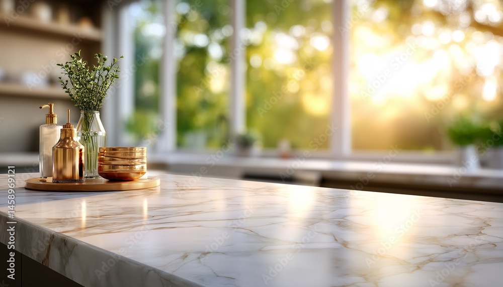 Fototapeta premium A countertop with a tray and a potted plant, with copy space